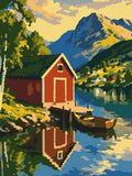 Rødt naust ved vannet – ferdig malt, 30x40 cm