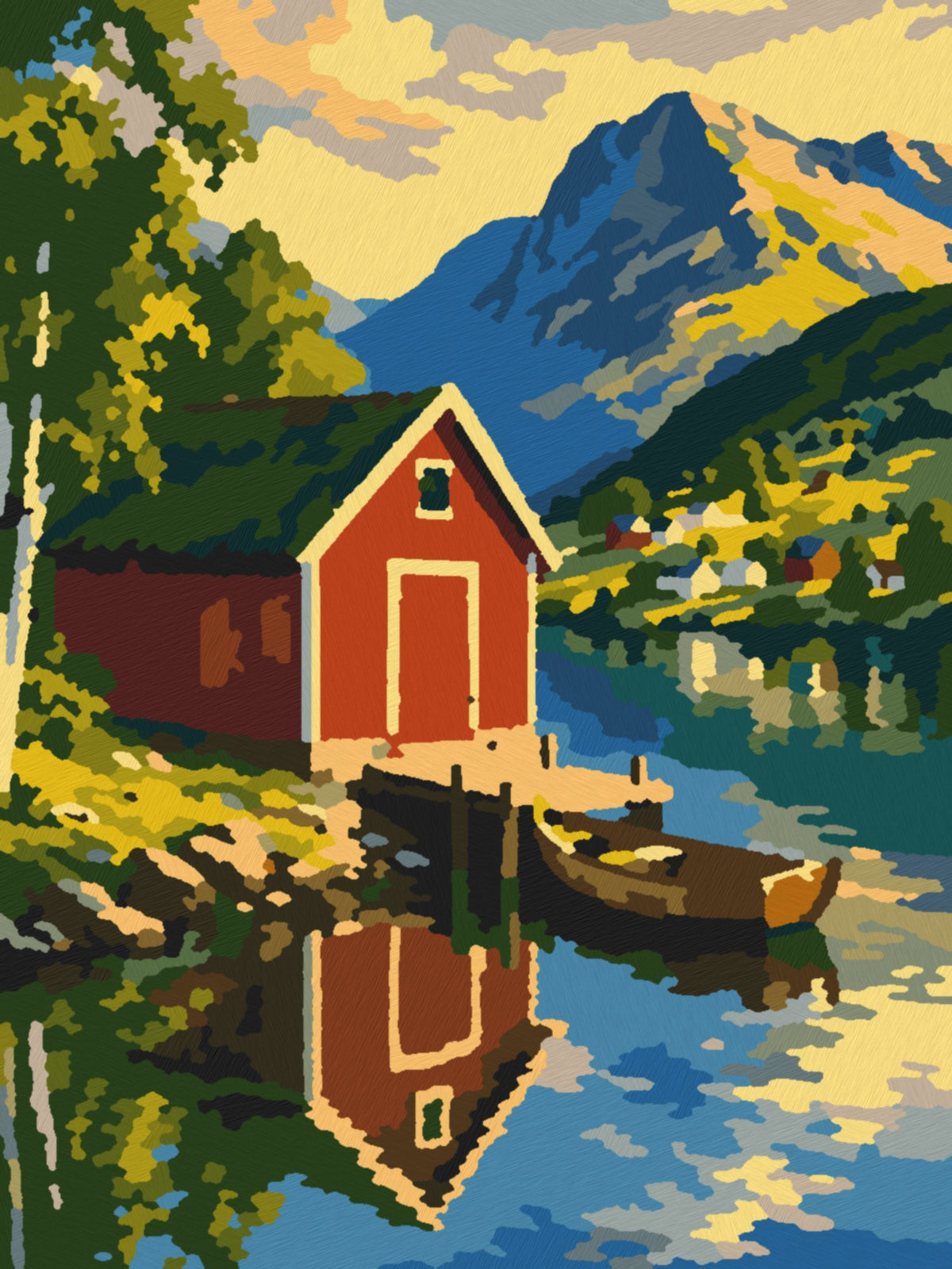 Rødt naust ved vannet – ferdig malt, 30x40 cm