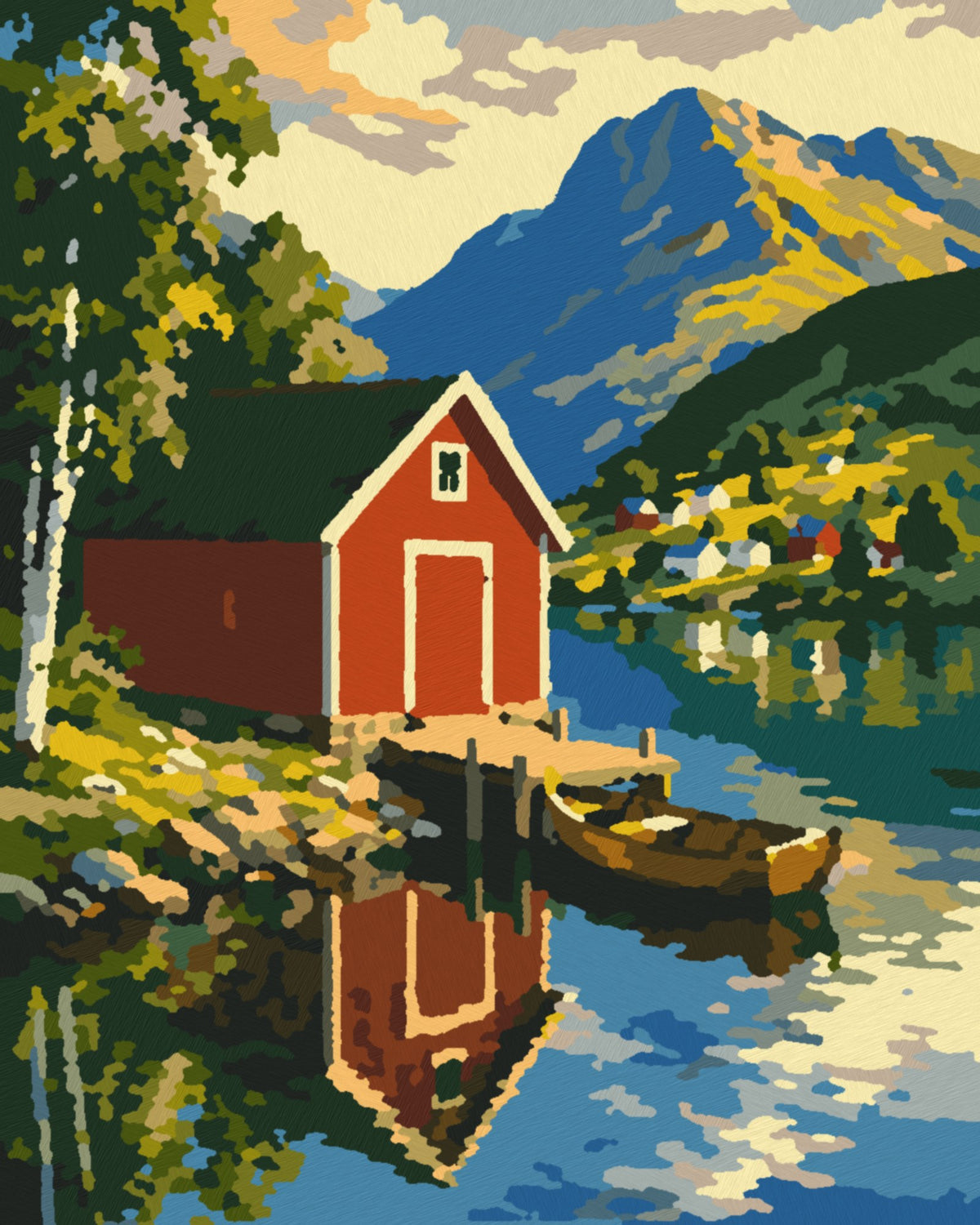 Rødt naust ved vannet – ferdig malt, 40x50 cm