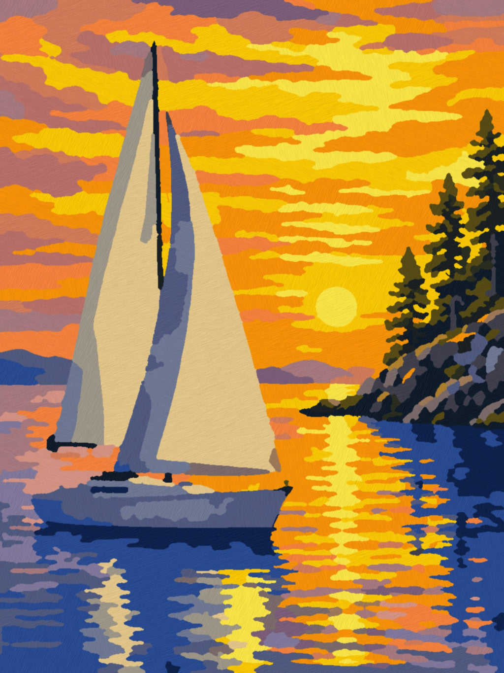 Seilbåt i solnedgang – ferdig malt, 30x40 cm