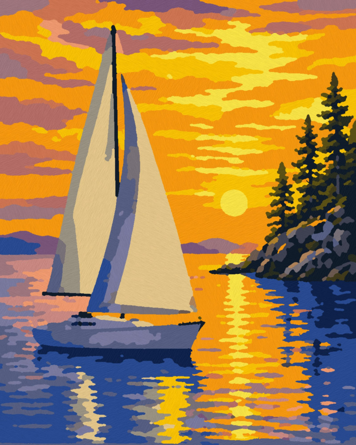 Seilbåt i solnedgang – ferdig malt, 40x50 cm